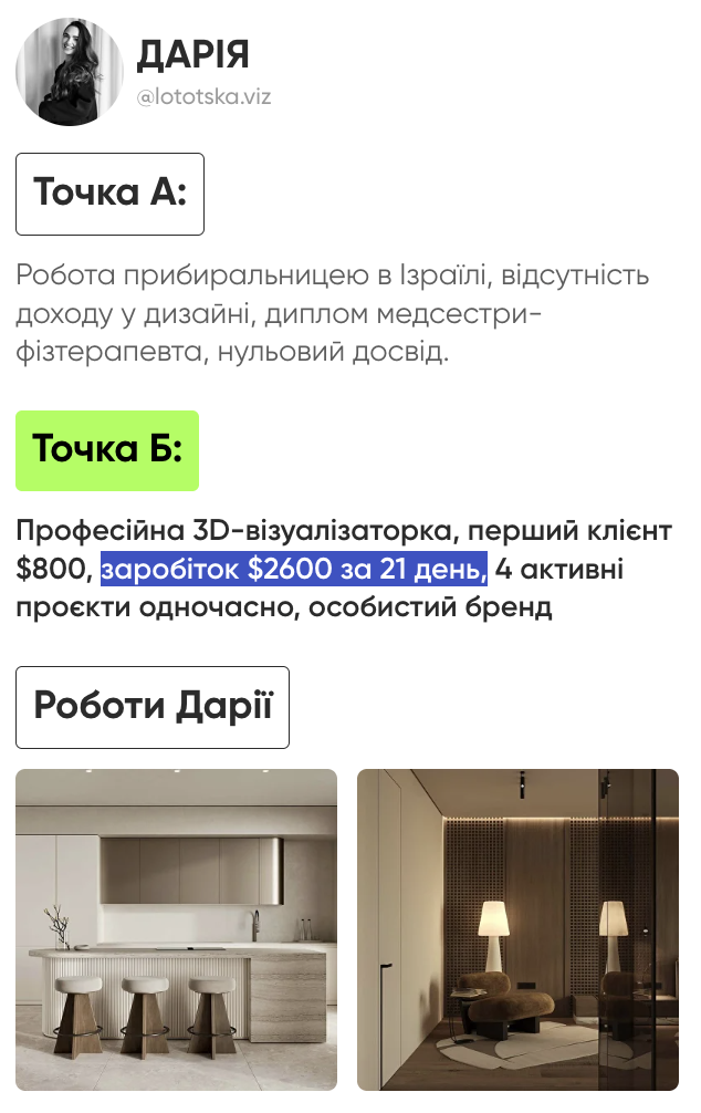 Кейс — Дарія · $2600 за 21 день, 4 проєкти одночасно